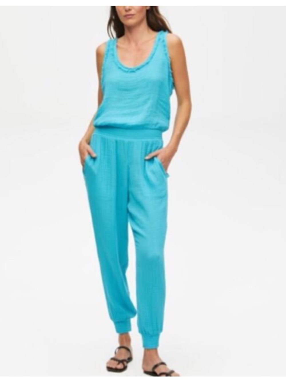 Michael Stars Oversized Cotton Turquoise Tank Jumpsuit with Jogger Ankles sz XS